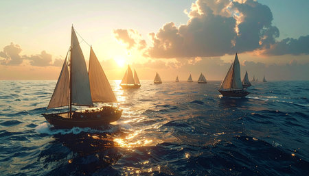 A majestic fleet of sailboats glides across the open ocean, their sails catching the last golden rays of a spectacular sunset.の素材