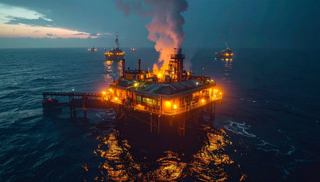 As dusk settles over the sea, an offshore energy platform comes to life, its lights glowing brightly against the darkening water.の素材