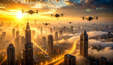 As the sun sets over a sprawling megalopolis, a fleet of autonomous delivery drones navigates the golden-hued sky.の素材