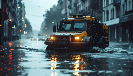 Car driving through heavy rain on a wet street in the evening.の素材