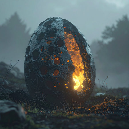 Burning metal egg in the forest at night. 3d renderingの素材