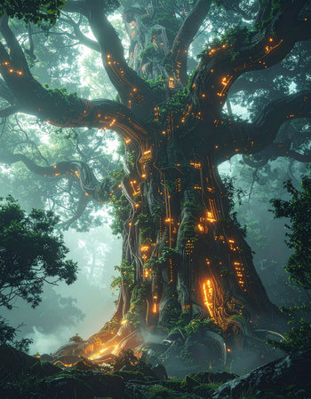 Mystical tree with glowing lights in the forest. 3D renderingの素材