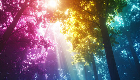 Colorful forest with sunbeams and lens flare. Nature backgroundの素材