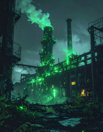 Under a dark, starless sky, an industrial behemoth churns, its smokestacks releasing an eerie green vapor that poisons the air.の素材