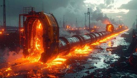 In the fading light of dusk, a massive industrial plant hums with immense power.の素材