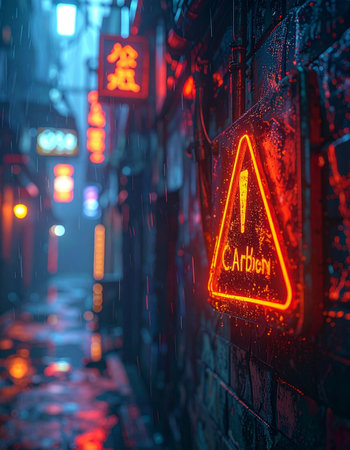 Red warning sign on the wall in the city at night. 3d illustration.の素材