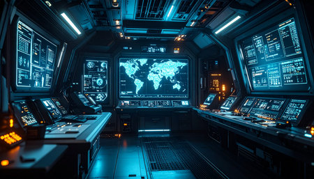 Dark spaceship interior with bright lights and screens 3d rendering toned imageの素材