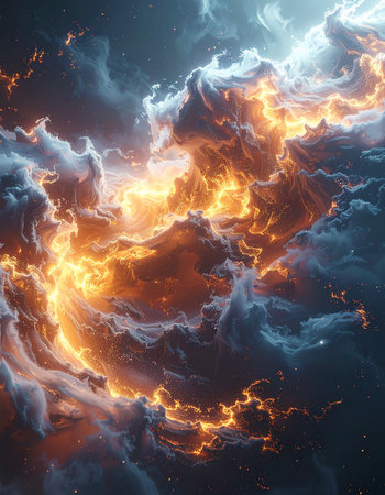 A breathtaking view of a celestial storm where fiery golden light erupts from within dark, turbulent clouds.の素材
