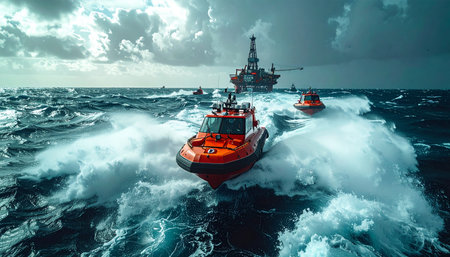 In a dramatic display of readiness, high-speed fast response vessels cut through turbulent, stormy seas on an urgent mission to an offshore oil rig.の素材