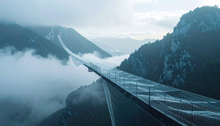 Aerial view of a suspension bridge over a foggy valley.の素材