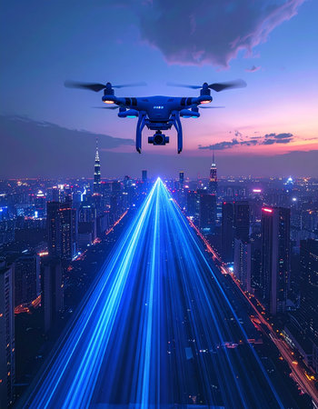 An autonomous drone hovers above a futuristic metropolis at twilight, its camera fixed on the glowing data streams of a highway below.の素材