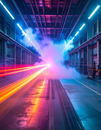 Foggy night in the warehouse. Motion blur. 3d renderingの素材