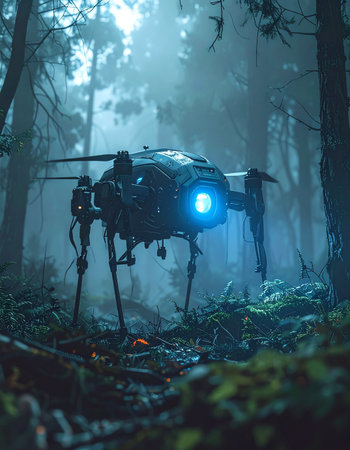 A futuristic surveillance drone with a glowing blue eye patrols a dark, misty forest floor.の素材