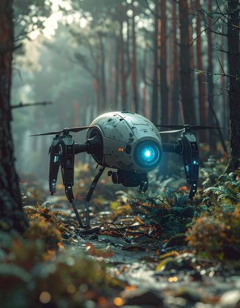 In the quiet depths of a misty forest, a futuristic robot scout silently navigates the undergrowth.の素材