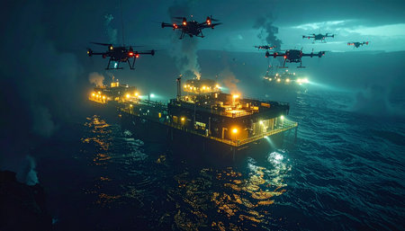 In the dead of night, a fleet of advanced surveillance drones swarms over an industrial vessel navigating a turbulent sea.の素材
