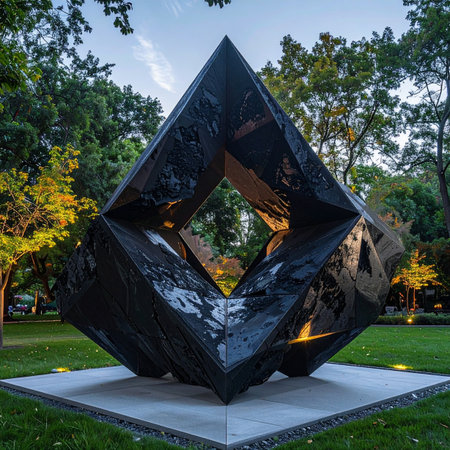 Aerial view of a black sculpture in the public park at night.の素材