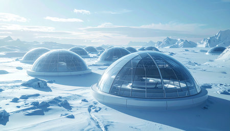 3D rendering of a futuristic space station in arctic landscape.の素材