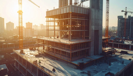 Construction site with cranes and workers at sunset. 3d renderingの素材