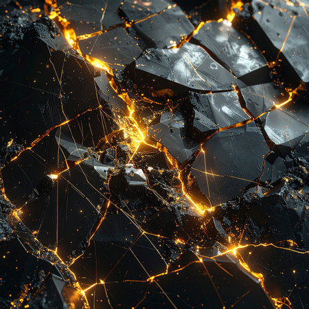 Intense golden energy pulses from deep within the earth's core, breaking through a dark, fractured stone surface.の素材