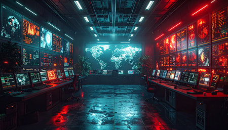 In the silent, glowing heart of a global operations hub, rows of monitors display critical data streams from around the world.の素材