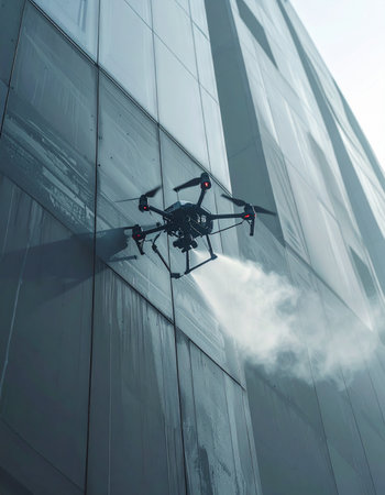 Drone flying in the sky over the glass wall of modern buildingの素材