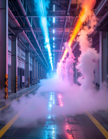 Interior of a warehouse with smoke in the air, tonedの素材