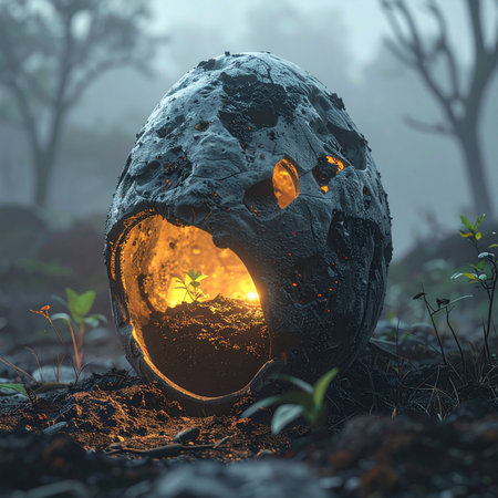 In the heart of a misty, enchanted forest, a mysterious, hollowed-out pod rests on the damp earth.の素材
