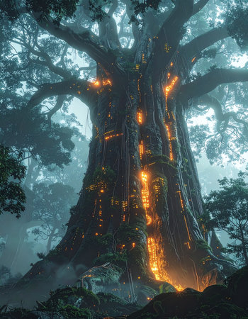 Deep within a misty, ancient forest stands a colossal tree, its trunk aglow with the warm light of a hidden village.の素材