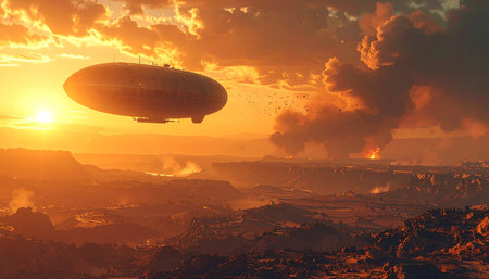 A majestic airship glides silently through a sky ablaze with the colors of a dramatic sunset. Below, a vast landscape is shrouded in mist, hinting at a world of adventure and discovery.の素材