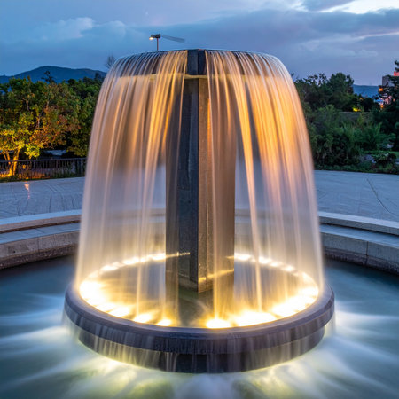 As twilight settles, a modern fountain becomes a centerpiece of light and tranquility.の素材