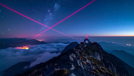 From a remote mountain peak high above a sea of clouds, a futuristic observatory pierces the cosmic darkness.の素材