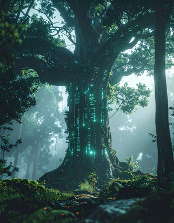 Deep within a misty, ancient woodland stands a colossal tree, its bark interwoven with veins of ethereal green light.の素材