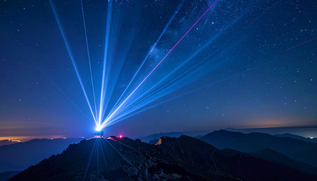 Mountain landscape at night with bright star trails in the sky.の素材