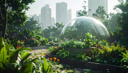 Greenhouse in the garden with cityscape background, Shenzhen, Chinaの素材