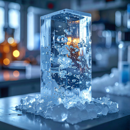 A perfectly clear, artisanal block of ice sits ready on a stainless steel counter, surrounded by crushed ice.の素材
