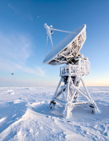 In the vast, silent expanse of a polar wasteland, a radio telescope stands encased in ice, a testament to human curiosity in the harshest environments.の素材