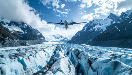 A small propeller plane soars through a dramatic mountain pass, offering a breathtaking aerial perspective of a vast and ancient glacier below.の素材