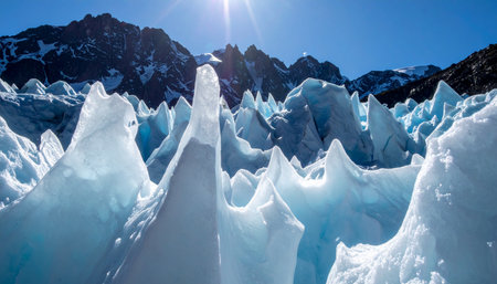 A low-angle perspective captures the intricate and jagged beauty of glacial ice spires, glowing under a brilliant sun.の素材