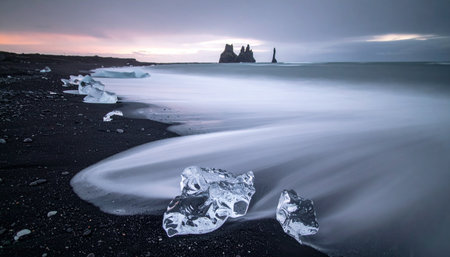 The first light of dawn breaks over Iceland's dramatic coast.の素材
