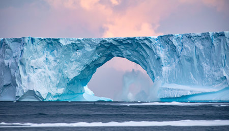 A colossal glacial arch stands as a natural monument in the calm, frigid waters of a polar sea.の素材