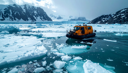 An expedition vessel carefully navigates the frigid, ice-choked waters of Antarctica.の素材