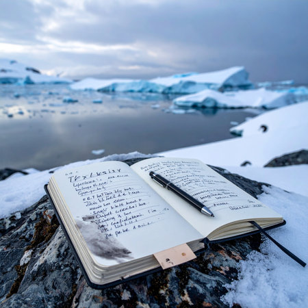 An open field journal rests on a snow-dusted rock, its pages filled with handwritten notes from a polar expedition.の素材