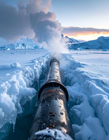 A dramatic first-person perspective looking down a massive industrial pipeline as it cuts a path through a vast, frozen arctic landscape.の素材