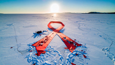 An aerial perspective captures a powerful symbol of hope and solidarity as a giant red awareness ribbon stands out against the vast, frozen landscape of a winter lake at sunset.の素材