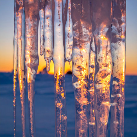 A close-up view captures the magical moment when the last rays of a golden sunset refract through a curtain of melting icicles.の素材