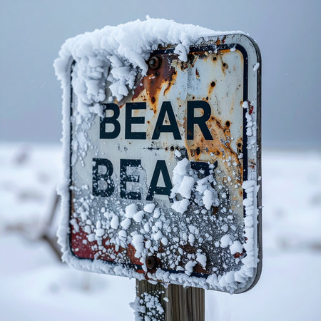 A weathered and rusty bear warning sign stands as a silent sentinel against a harsh winter storm.の素材