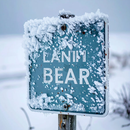 A bear warning sign is encrusted with intricate patterns of hoarfrost and ice in a blizzard.の素材