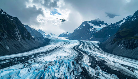 A small plane offers a breathtaking perspective, soaring over a colossal river of ice winding through a rugged mountain range.の素材