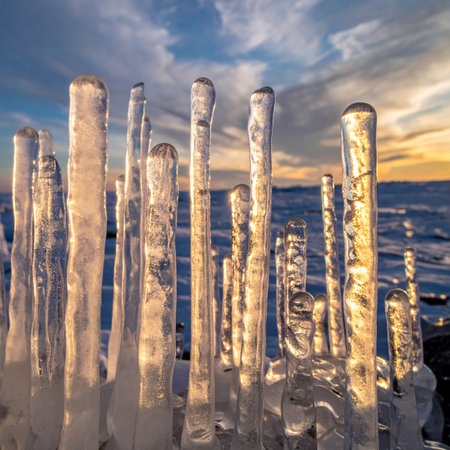 As the winter sun dips below the horizon, its last golden rays illuminate a cluster of natural ice sculptures.の素材