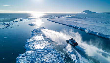 An aerial perspective captures the immense power of an icebreaker ship as it forges a path through a vast, frozen arctic sea.の素材